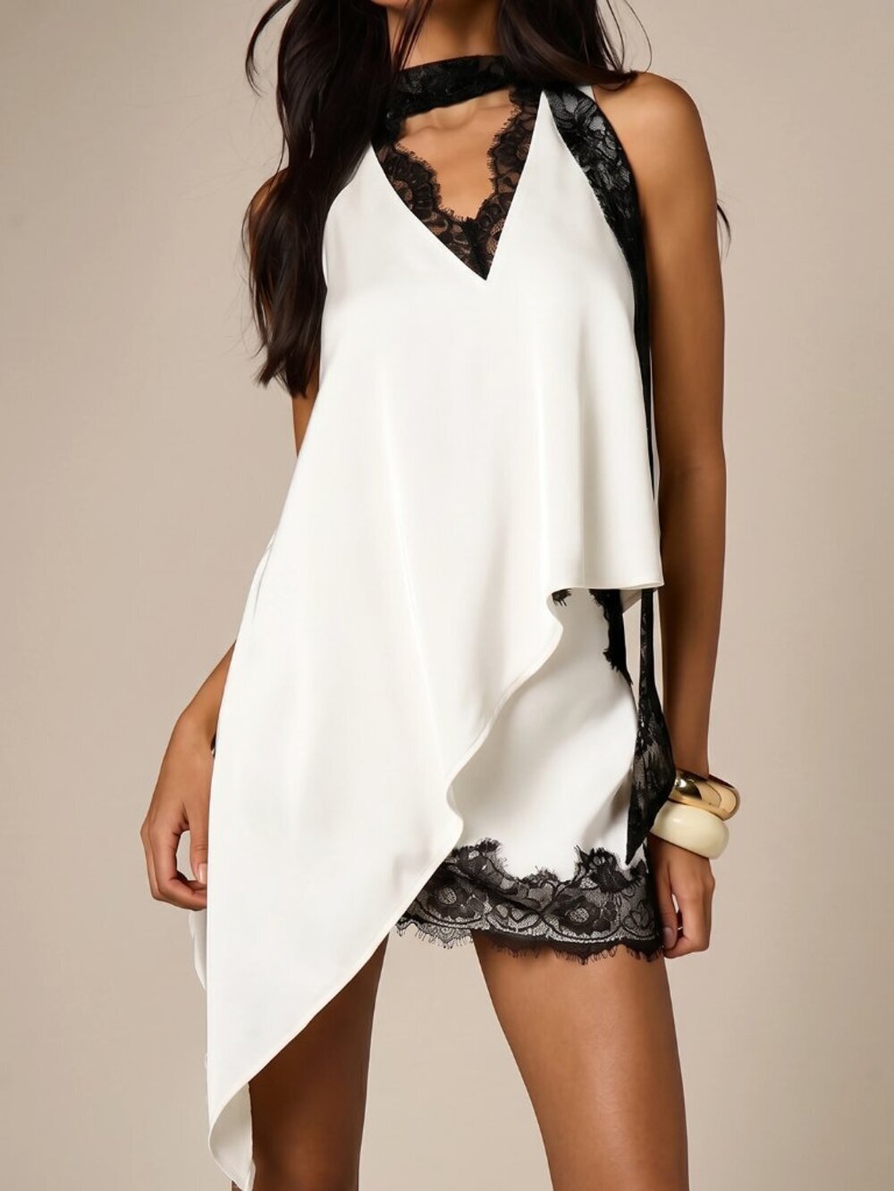 White Asymmetric Satin Halter Women's Lace-Trim V-Neck Sleeveless Party Top
